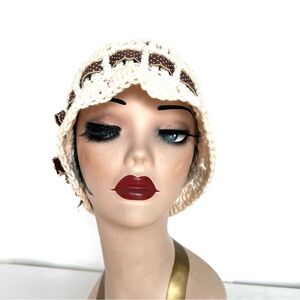 Elegant Cream Crochet Cloche Hat with Brown Accents